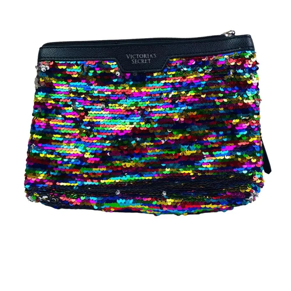 Victoria Secret Black Multicolor Sequin Faux Leather Travel Make Up Bag